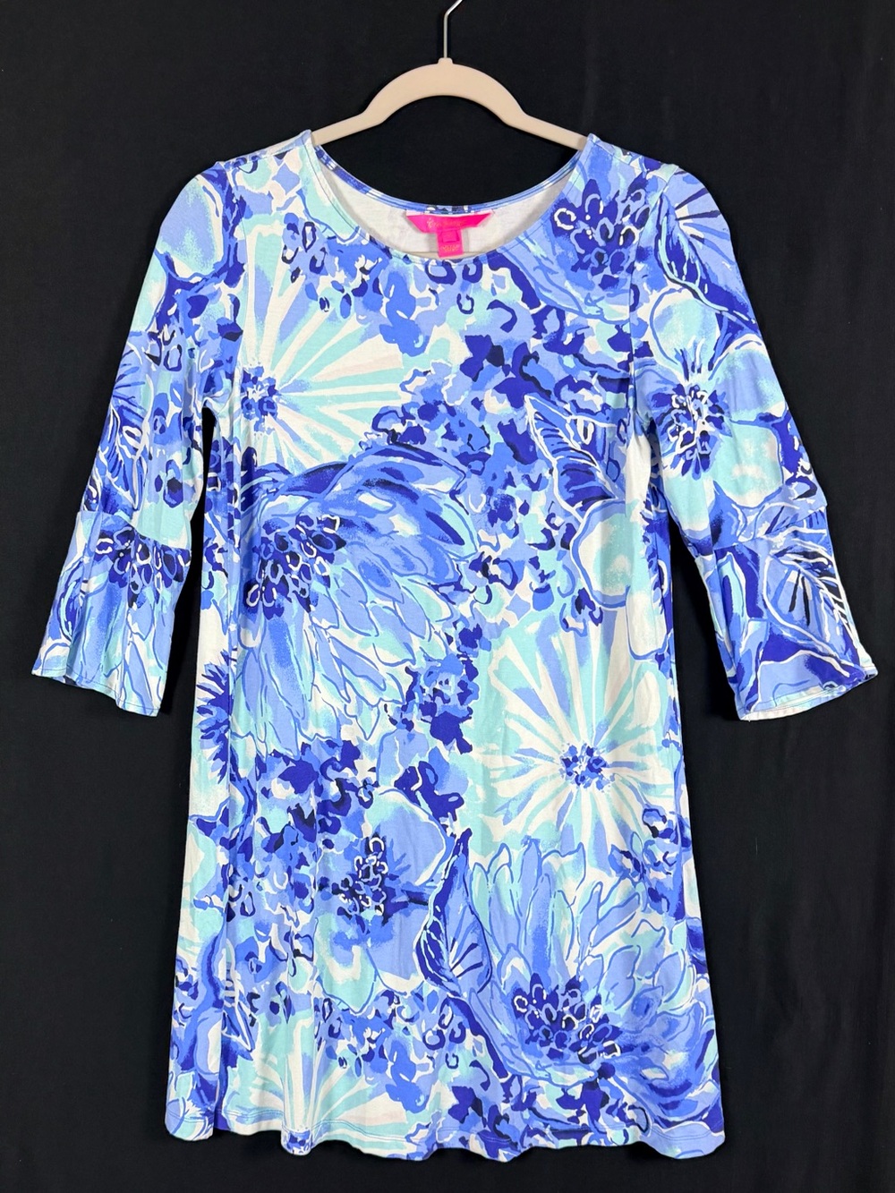 Lilly Pulitzer Blue Floral Midi Dress Jersey Knit Comfortable 3/4 Sleeve Coastal